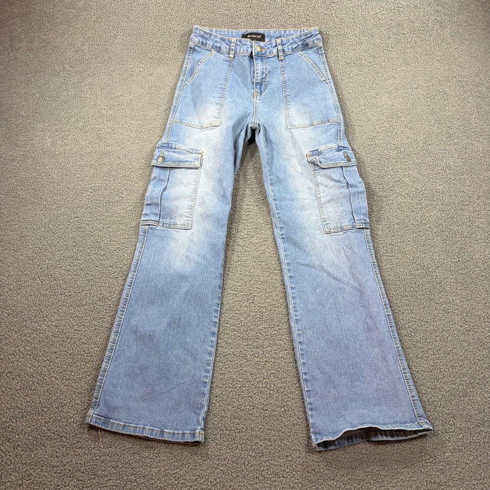 Between Us Cargo Jeans Women Size 9 Blue Wide Leg Utility Pockets Stretch Denim